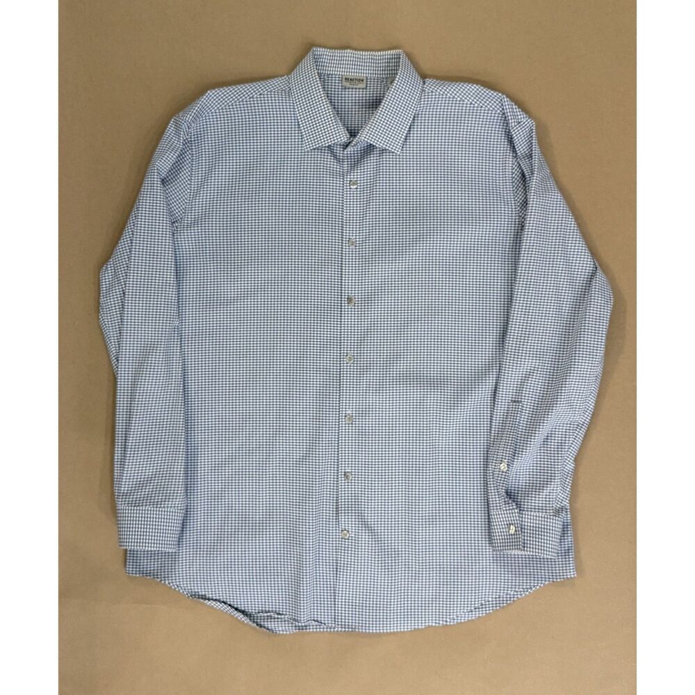 Kenneth Cole Reaction Mens Dress Shirt 18 34/35 Blue Gingham Check Slim Stretch